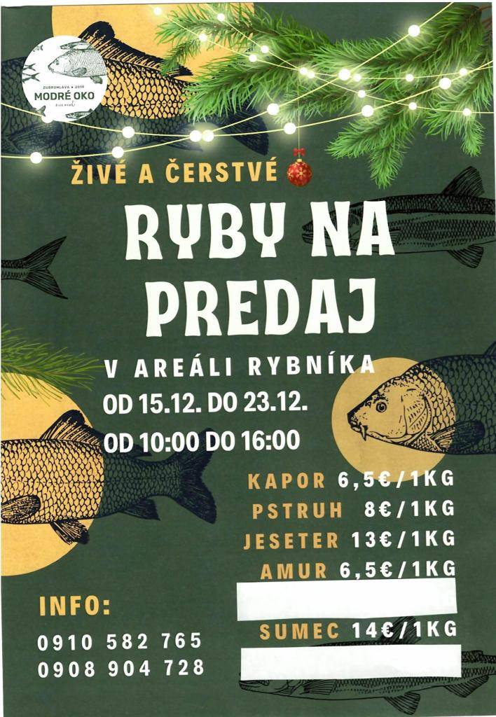 Modré oko Zubrohlava Vám ponúka predaj živých rýb v areáli rybníka, ktoré sa nachádza medzi Zubrohlavou a Rabčou. Ponúkajú:  Kapor  6,50 € za kg   Jeseter  13 € za kg  Pstruh dúhový 8 € za kg   Pstruh údený 6 € za kus  Amur  6,50 € za kg,   Sumec  14 € za kg.