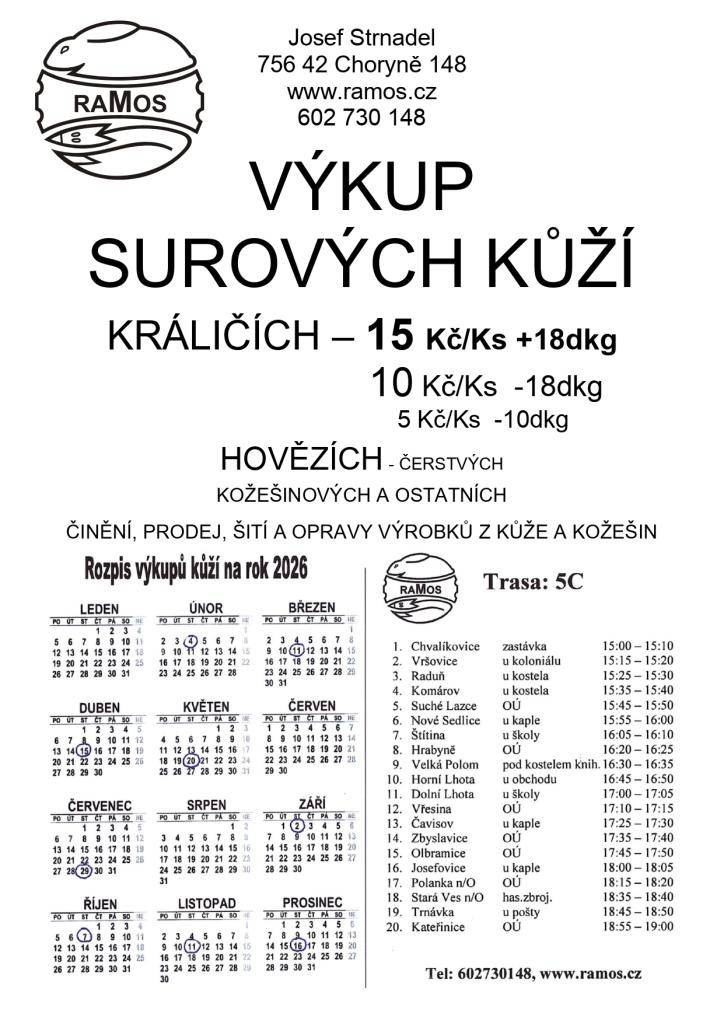 Výkup surových kůží - rozpis na rok 2026