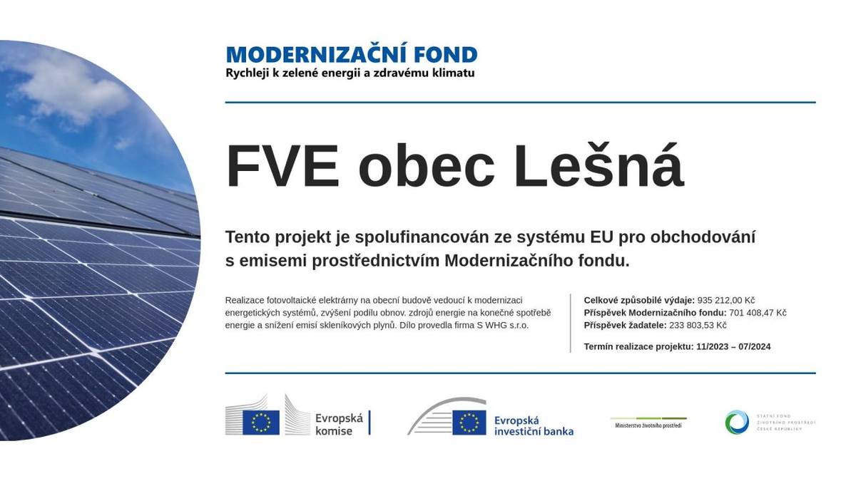 Milí spoluobčané, někteří z Vás již možná zaznamenali výstavbu fotovoltaické elektrárny na budově obecního úřadu v naší obci, na kterou jsme získali 75% dotaci z prostředků EU. Dojde tak k úsporám elektrické energie (čili i financí obce) díky vyrobené energii z obnovitelných zdrojů.