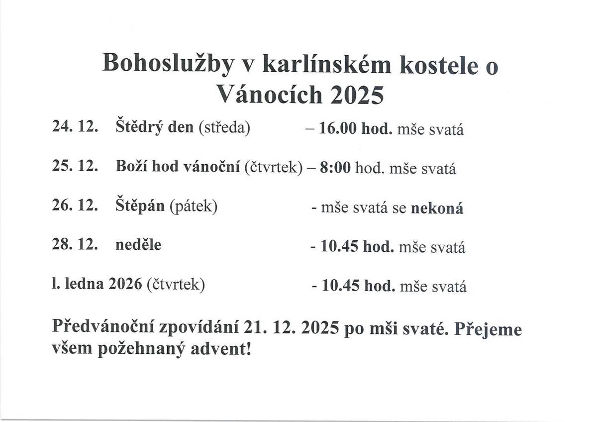 Bohoslužby v karlínském kostele o Vánocích 2025