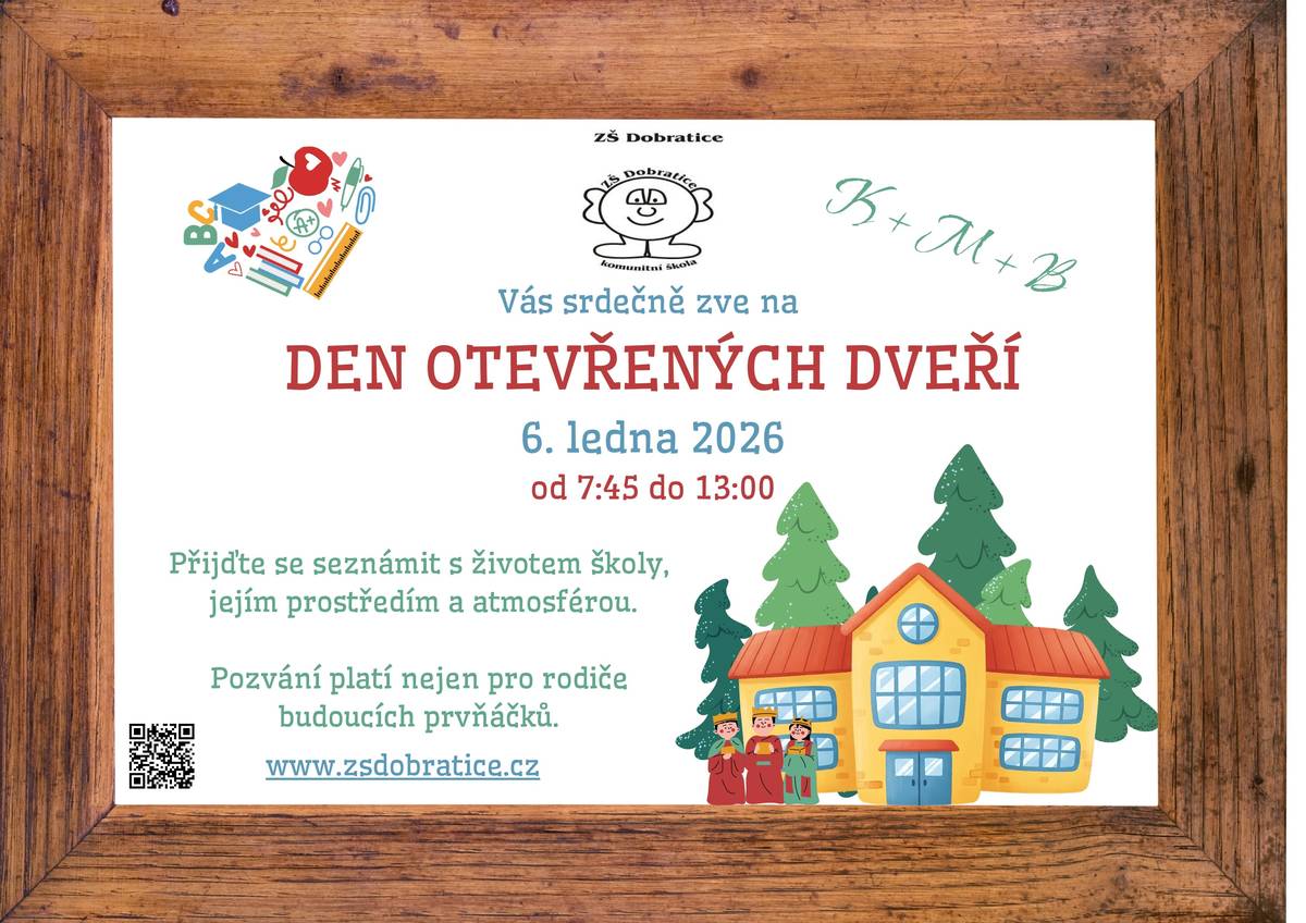 Termín: v úterý 6. 1. 2026 Místo konání: ZŠ a MŠ Dobratice 58    V čase od 7:45 – do 13:00 hodin Přijďte se seznámit s životem školy, jejím prostředím a atmosférou školy. Více informací: Základní škola Dobratice