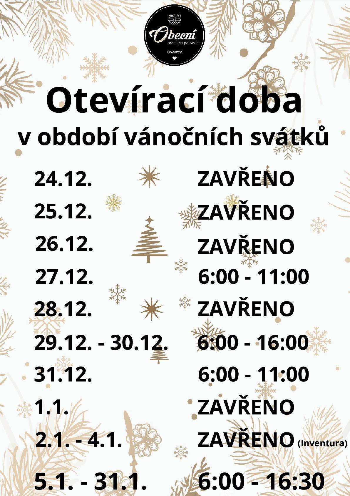 Informace o otevírací době v období vánočních svátků