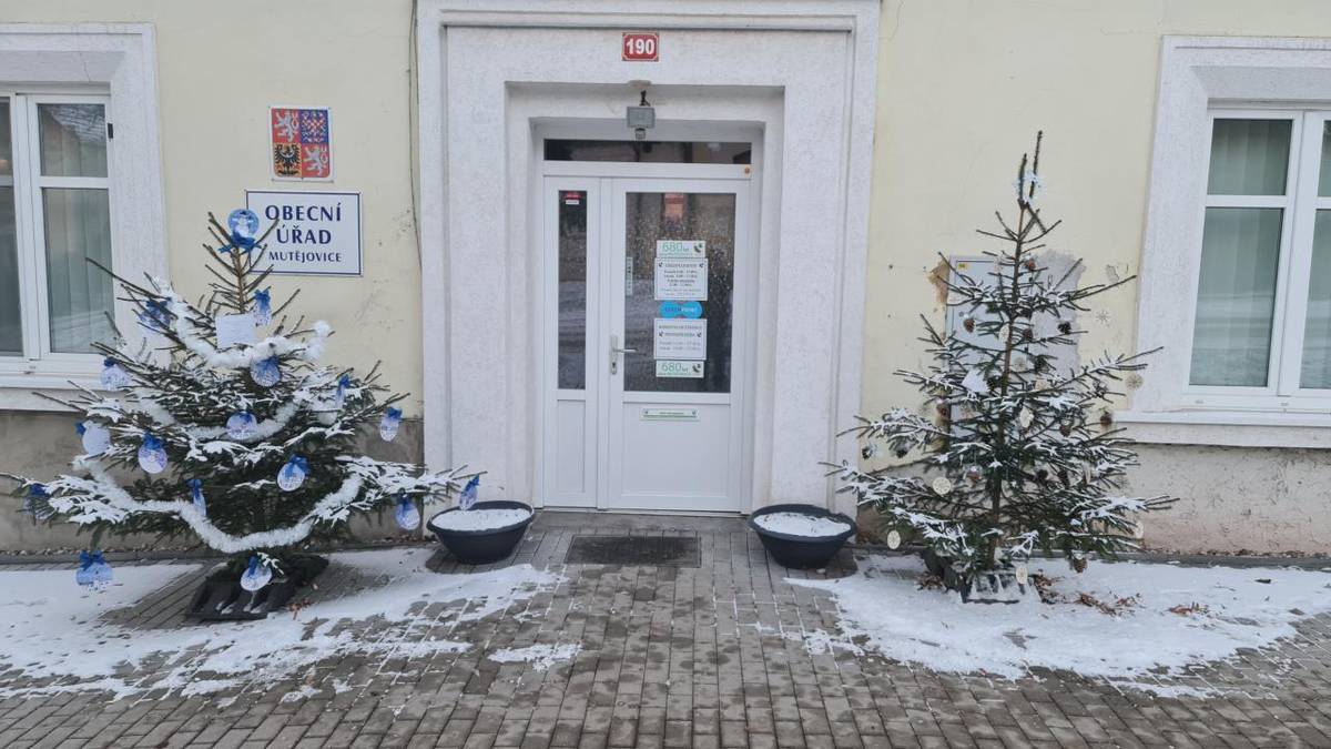 Děti ze školní družiny ZŠ Mutějovice nám krásně nazdobili vánoční stromky před naším úřadem.