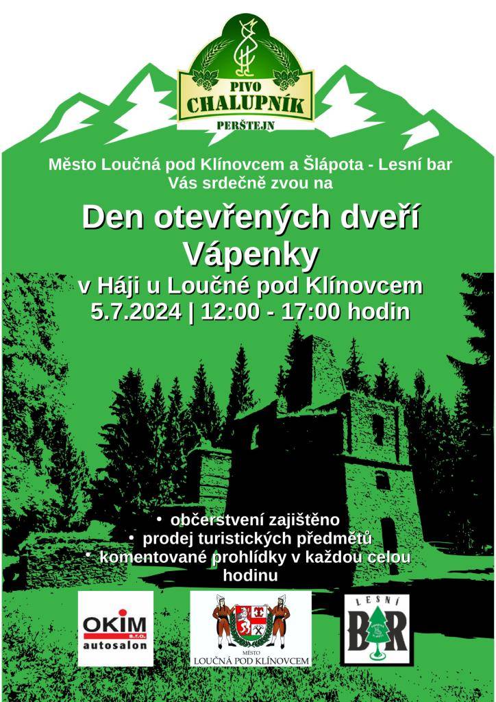 Město Loučná pod Klínovcem a Šlápota - Lesní bar Vás srdečně zvou na den otevřených dveří Vápenky v Háji u Loučné pod Klínovcem 5.7.2024 od 12:00 do 17:00 hodin    občerstvení zajištěno  prodej turistických předmětů  komentované prohlídky v každou celou hodinu