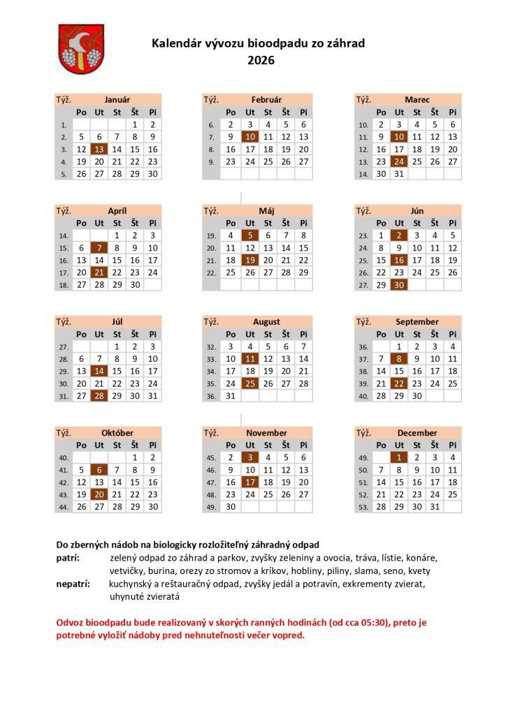 Kalendár vývozu bioodpadu zo záhrad - 2026