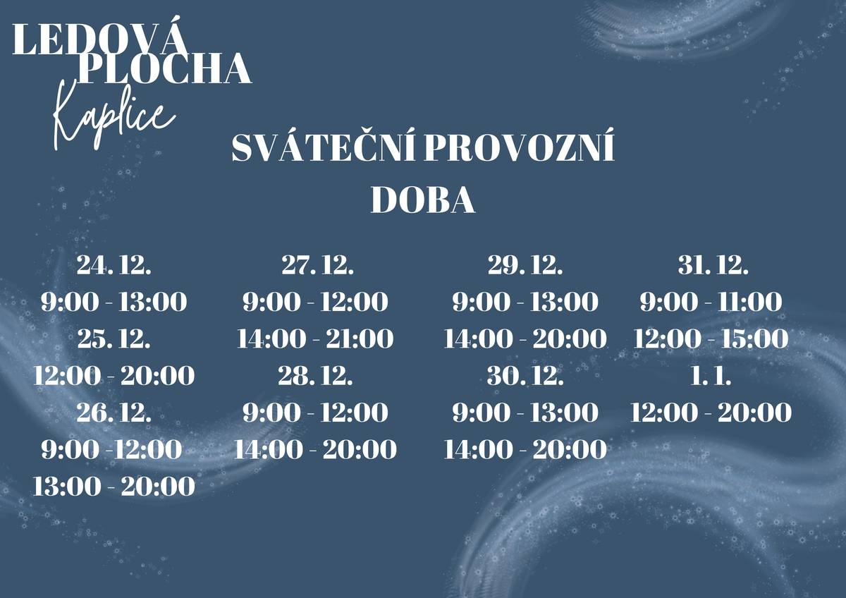 Během vánočních svátků bude naše ledová plocha otevřená pro veřejnost s upravenou otevírací dobou.   Upozornění: Termíny 18. 12. 18:00–20:00 a 23. 12. 18:00–20:00 jsou již rezervované, veřejnost se na ně nemůže přihlásit.   Pro ostatní časy je ledová plocha samozřejmě k dispozici.   Přijďte si užít zimní radovánky!