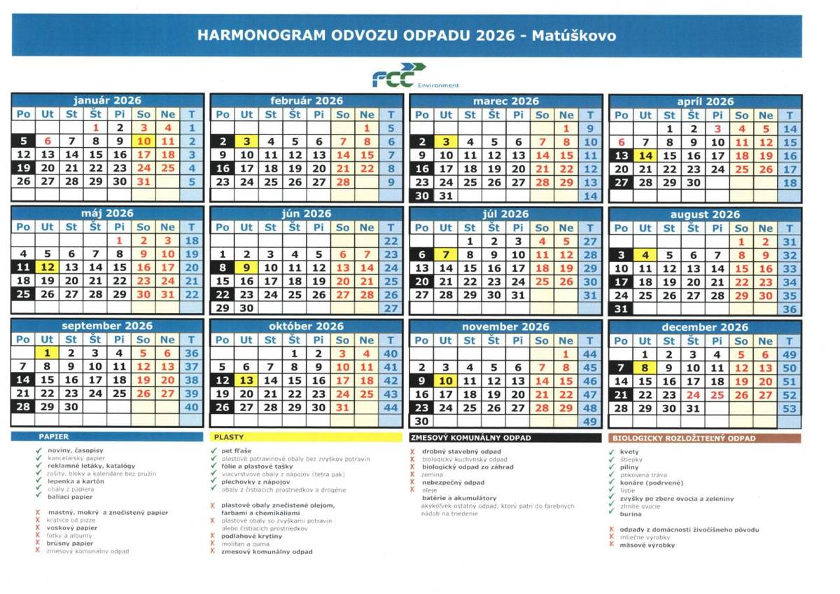 Harmonogram odvozu komunálneho a triedeného odpadu - 2026 - A háztartási és a válogatott hulladék elszállításának időpontja
