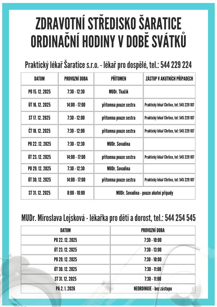 PRAKTICKÝ LÉKAŘ ŠARATICE s.r.o. a MUDr. Miroslava Lejsková informují své pacienty o ordinačních hodinách v době svátků.
