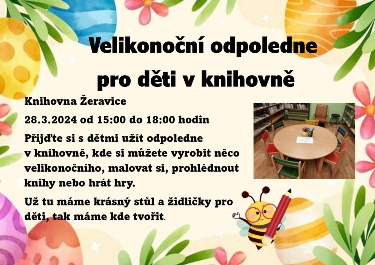 28. března 2024 se bude konat v knihovně od 15 do 18 hodin tvořivé velikonoční odpoledne. Přijďte si s dětmi užít odpoledne v knihovně, kde si můžete vyrobit něco velikonočního, malovat si, prohlédnout knihy nebo si jen tak zahrát hry.  Vaše knihovnice