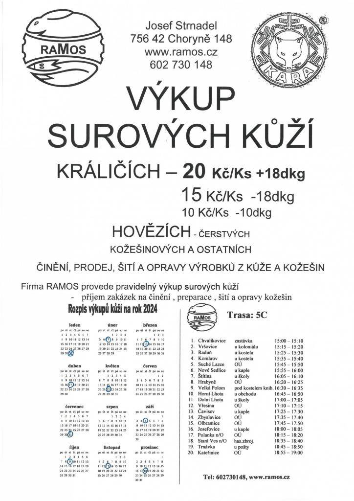Rozpis výkupů kůží pro rok 2024.