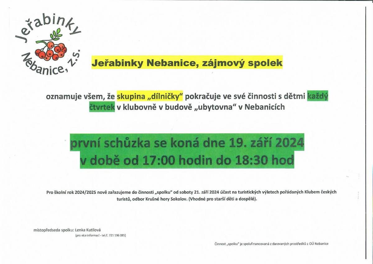 Jeřabinky Nebanice z.s. - naše šikovná skupina "dílničky" zahajuje svou činnost 19.9.2024 od 17 hodin, nově zařadila do své činnosti spolupráci s Klubem českých turistů. A také rádi přivítají i nové kamarády a kamarádky ????????????.