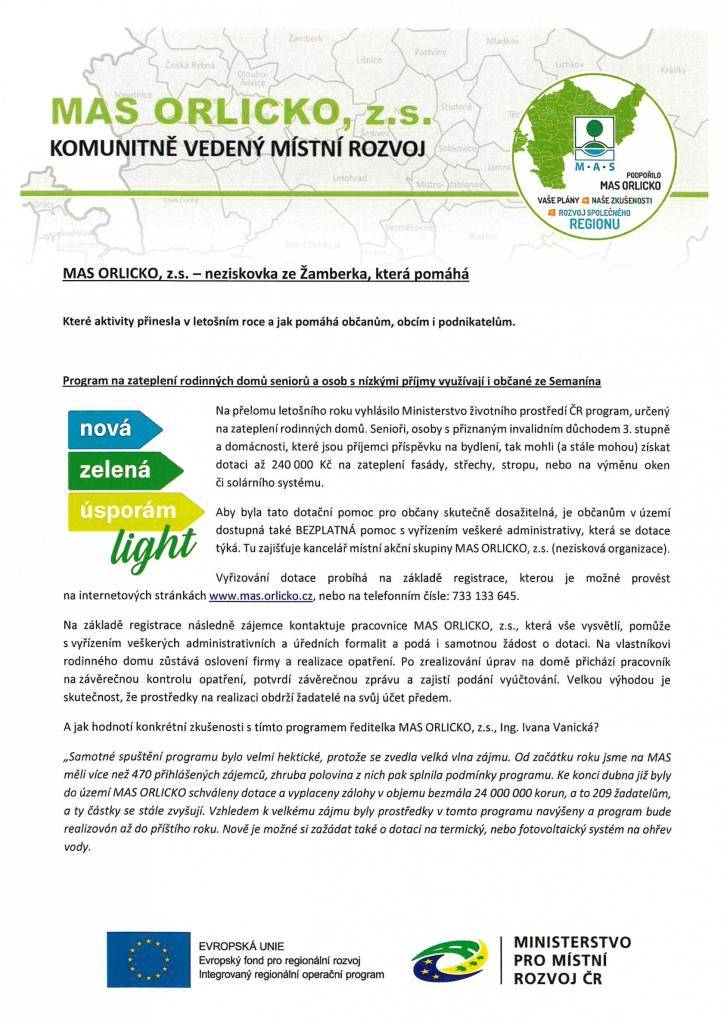 MAS ORLICKO,z.s. nabízí BEZPLATNOU pomoc s vyřízením veškeré administrativy - NOVÁ ZELENÁ ÚSPORÁM LIGHT