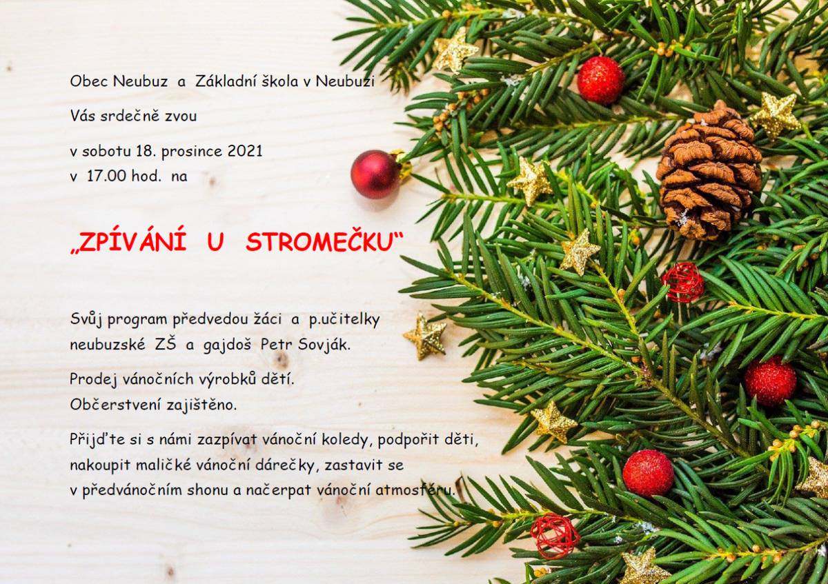 Zveme Vás v sobotu 18.prosince v 17 hod. na tradiční Zpívání u stromečku.