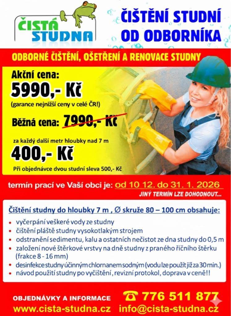 Nabízíme odborné čištění kopaných studní za akční cenu od 5 990,- Kč.    Více informací naleznete na webu: https://www.cista-studna.cz Pokud budete mít zájem neváhejte nás kontaktovat na telefonním čísle: 776 511 877.