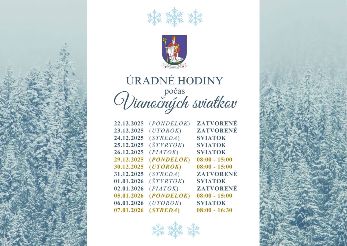 Vážení občania, dávame do pozornosti, že Obecný úrad Hontianske Nemce bude počas VIANOČNÝCH SVIATKOV (z dôvodu čerpania dovoleniek) ZATVORENÝ nasledovne: