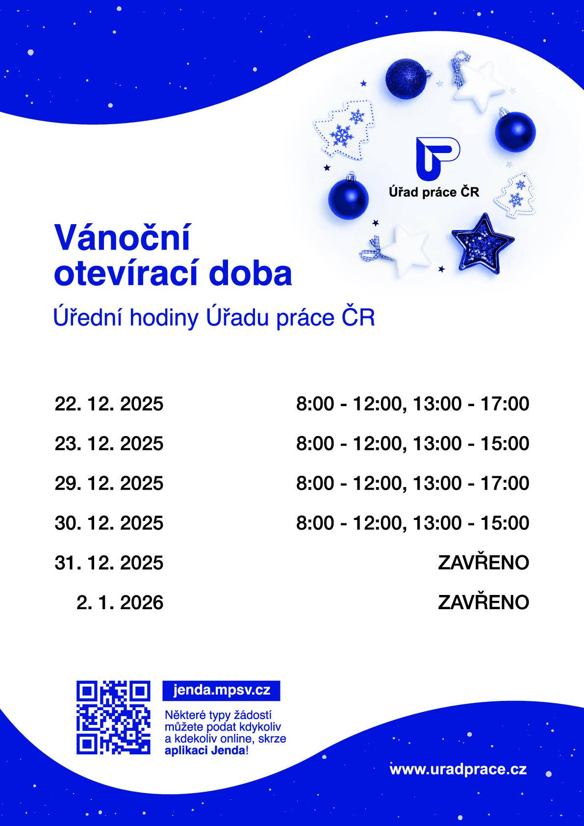 Úřad práce Židlochovice informuje občany o vánoční otevírací době, viz příloha