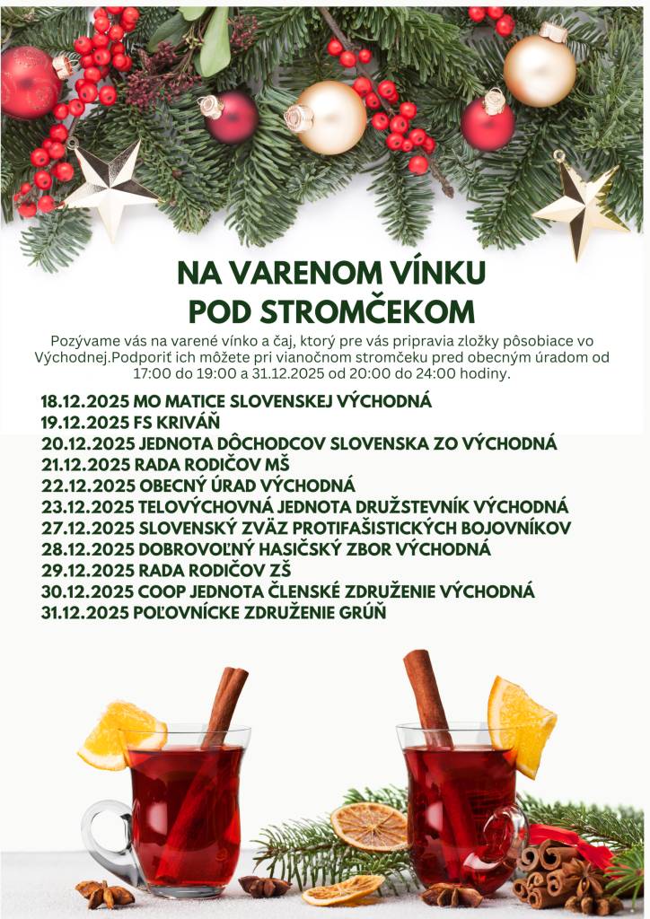 Od 18.decembra do konca kalendárneho roka vás pozývame denne k vianočnému stromčeku na varené vínko a teplý čaj. Začíname vždy od 17.00 hod., každý deň sa o vás postará iná spoločenská organizácia z našej obce.  Príďte si spríjemniť zimné večery v spoločnosti priateľov.  Tešíme sa na vašu účasť.