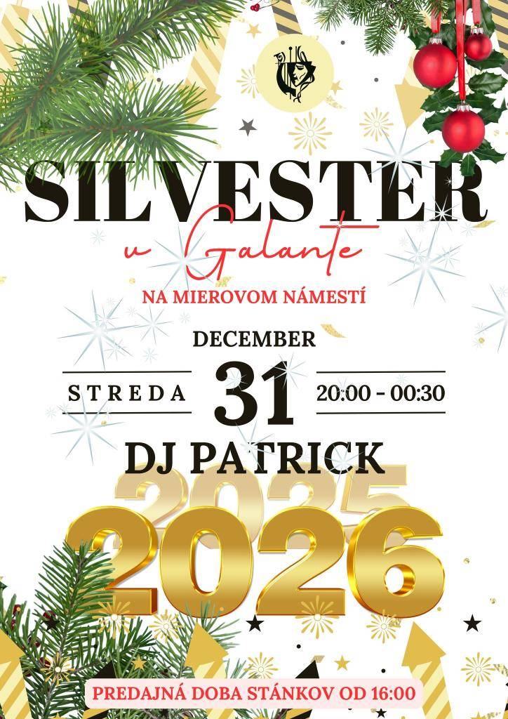 Mesto Galanta srdečne pozýva všetkých obyvateľov aj návštevníkov na Silvestrovské oslavy 2025. Príďte sa spoločne rozlúčiť so starým rokom a privítať ten nový v príjemnej atmosfére mesta.