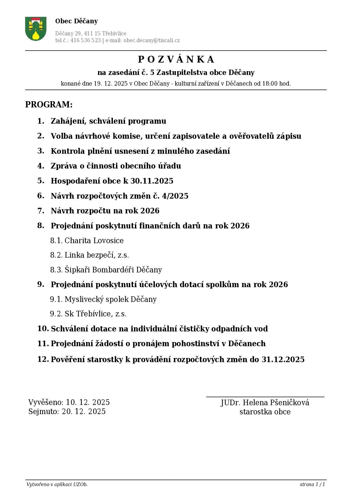 Zastupitelstvo obce Děčany zve občany na veřejné zasedání dne 19. prosince 2025
