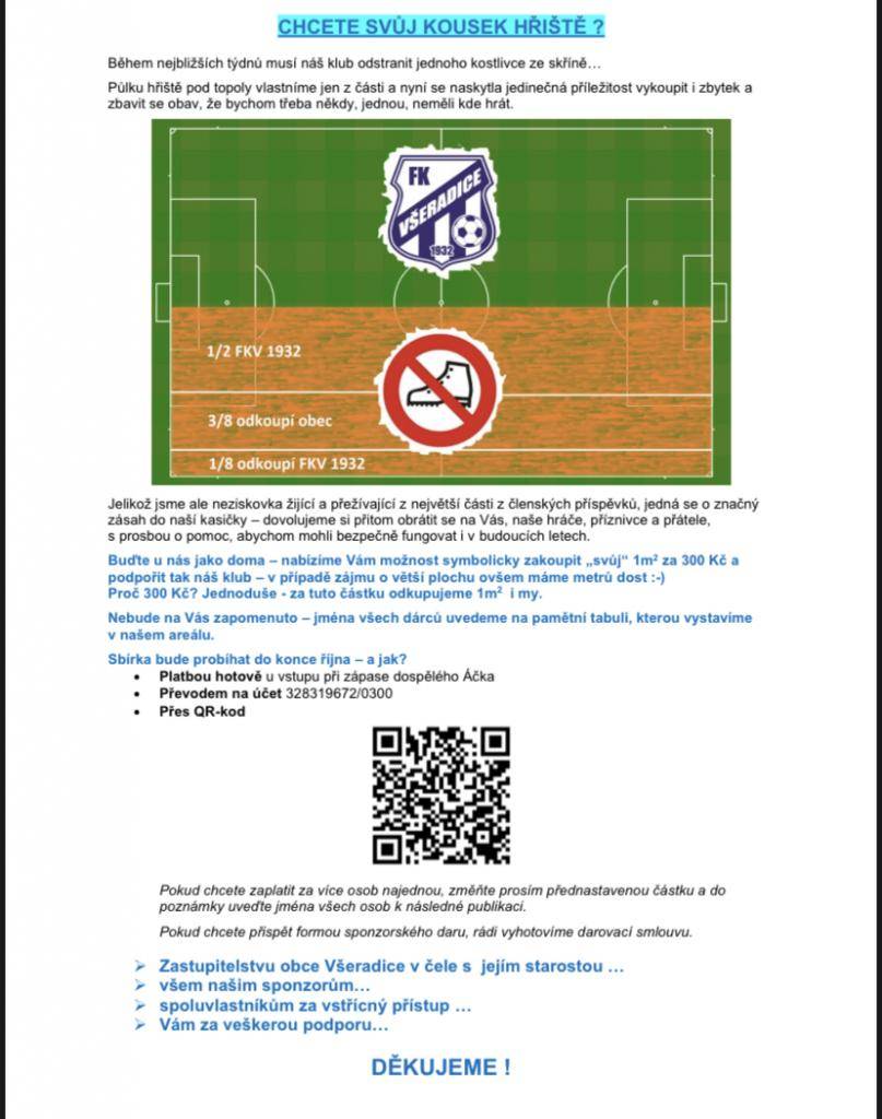 Buďte u nás jako doma – nabízíme Vám možnost symbolicky zakoupit „svůj“ 1m2 za 300 Kč a podpořit tak náš klub – v případě zájmu o větší plochu ovšem máme metrů dost :-)  Proč 300 Kč? Jednoduše - za tuto částku odkupujeme 1m2 i my.