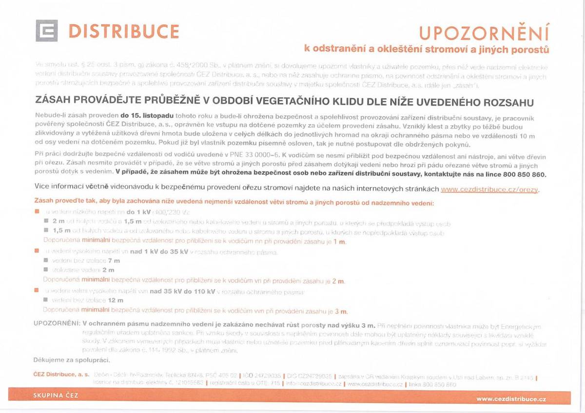 Upozornění k odstranění a okleštění stromoví a jiných porostů