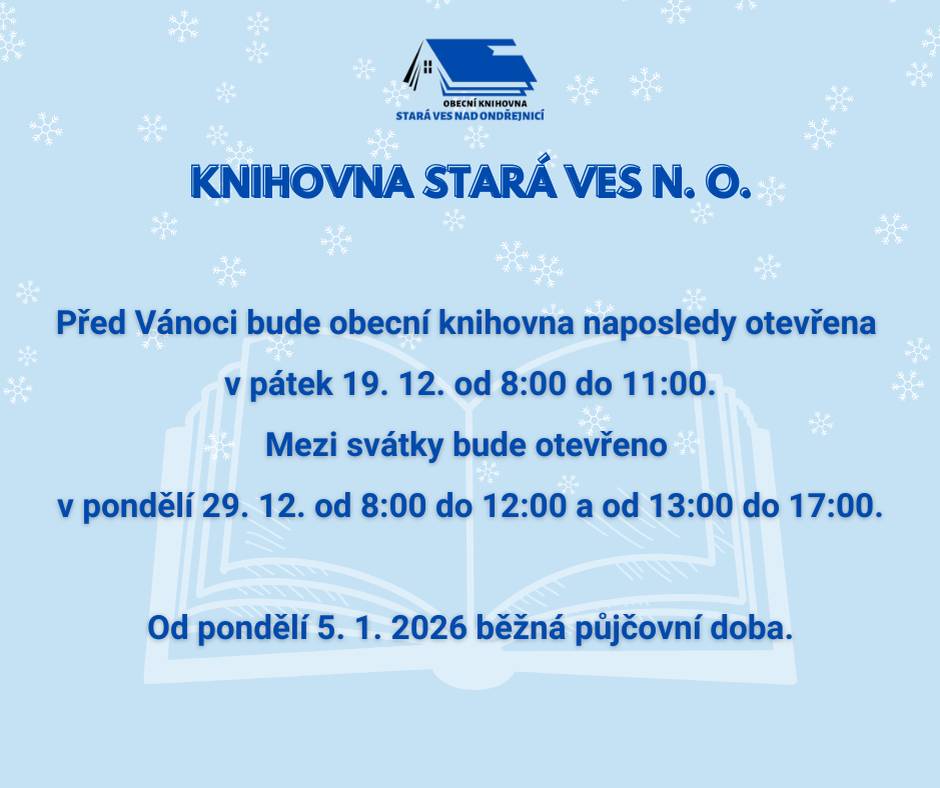 Vážení a milí čtenáři, poslední půjčovní den před Vánoci bude pátek 19. 12., kdy bude otevřeno od 8 do 11 hodin. Mezi svátky si můžete vypůjčit knihy v pondělí 29. 12. od 8 do 12 hodin a od 13 do 17 hodin. V ostatních dnech bude zavřeno. Přeji klidné a pohodové vánoční svátky.