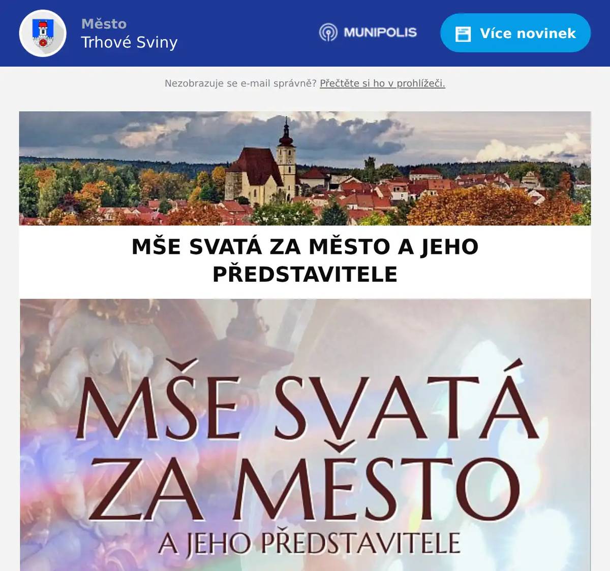 Farnost Trhové Sviny vás zve na mši svatou za město a jeho představitele na 4. neděli adventní.