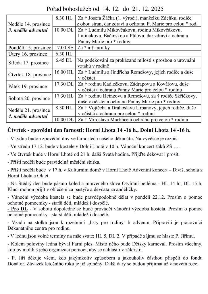 Ve farnosti se od 14. do 21. prosince 2025 konají pravidelné bohoslužby a speciální akce.