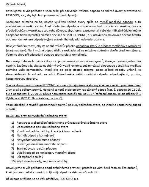 Respono Vyškov a.s. - "Desatero pravidel využívání sběrného dvora"