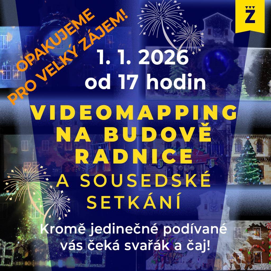 Ve čtvrtek 1. ledna od 17 hodin bude pro velký zájem zopakován videomapping na průčelí radnice. Zveme všechny, kteří si nechtějí nechat ujít jedinečnou podívanou, především ty, kteří se z různých důvodů prvního promítání 10. prosince nemohli zúčastnit. Zahřát se budete moci čajem nebo svařákem.