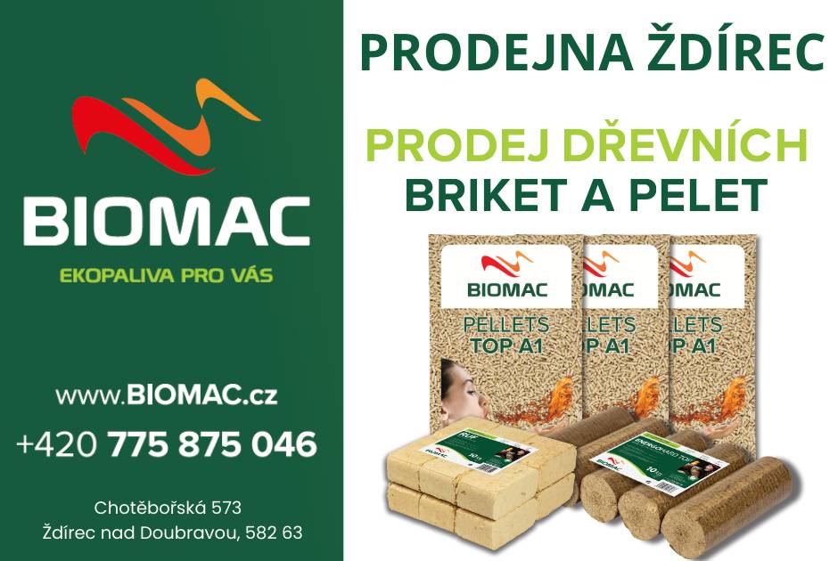 Jsme firma BIOMAC s.r.o. a zabýváme se výrobou a prodejem paliv z biomasy. Veškeré informace o firmě i palivech se dočtete zde: www.biomac.cz.   Dřevní pelety s certifikací ENplus A1, které jsou určené pro automatické kotle/kamna na pelety nebo automatické kotle na uhlí.   Dřevní brikety jsou vhodné pro všechny typy kamen, kotlů a krbů.   Dřevní pelety i brikety se dají koupit na jedné z našich 64 prodejnách po celé ČR i s rozvozem až domů. Protože zde ve Ždírci nad Doubravou máme prodejnu a jednu z výrobních linek na pelety, rádi bychom oslovili zákazníky v okolí.