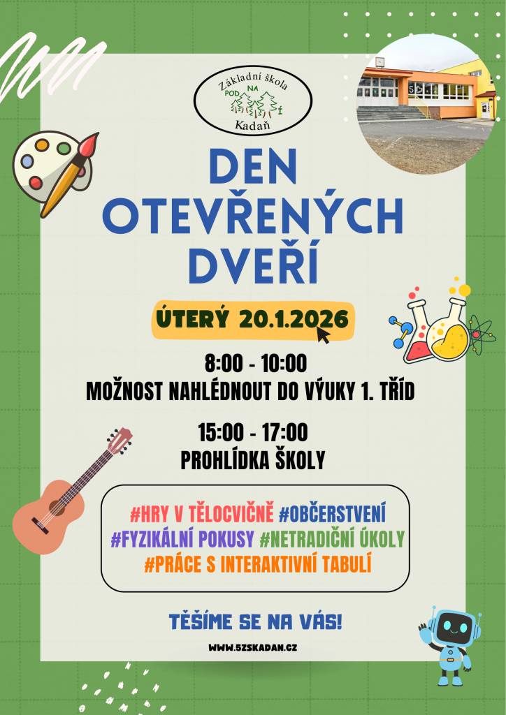 Základní škola Na Podlesí v Kadani zve všechny zájemce a především budoucí prvňáčky a jejich rodiče na Den otevřených dveří, který se uskuteční v úterý 20. ledna 2026.