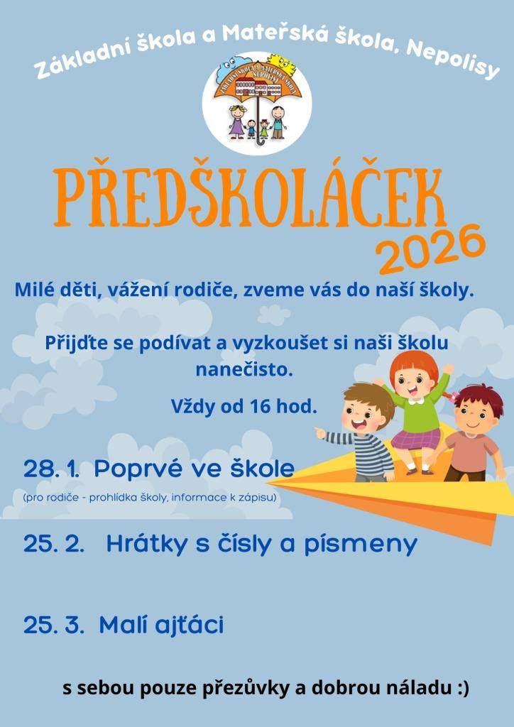Srdečně vás zveme k nám do školy! Přijďte si prohlédnout naše třídy, poznat učitele a vyzkoušet si, jaké to u nás je.  Čekají vás hravé aktivity a příjemná atmosféra.  Těšíme se na vás.