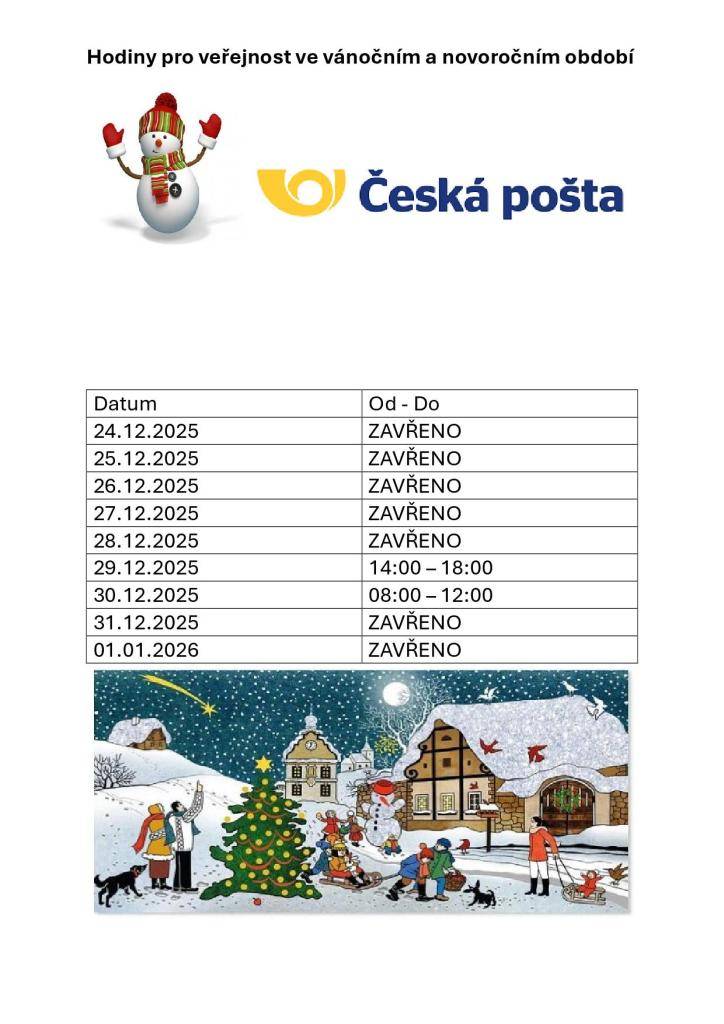 Vážení občané, v příloze naleznete hodiny pro veřejnost pobočky České pošty v Olovnici během vánočních svátků.