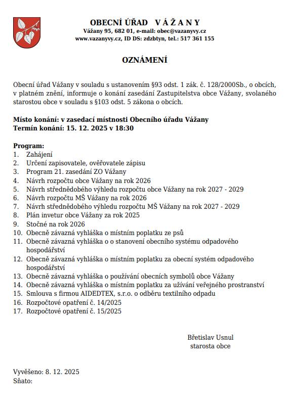 Oznámení - 21. zasedání ZO obce Vážany 15.12.2025 v 18:30 hod.