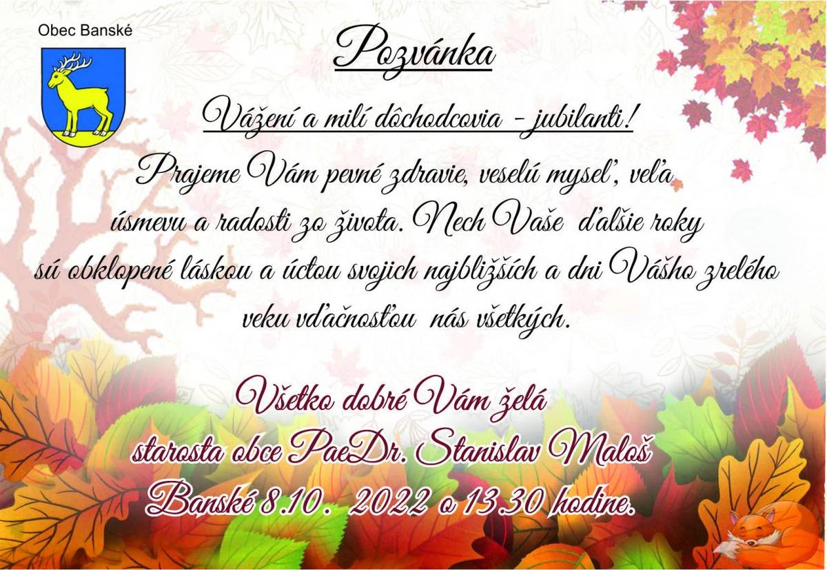 Pozvánka od starostu obce Banské ku dňu Úcty k starším 08.10.2022 o 13:30 hodine.