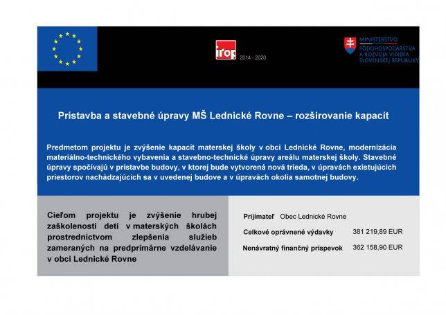 Prístavba a stavebné úpravy MŠ Lednické Rovne – rozširovanie kapacít