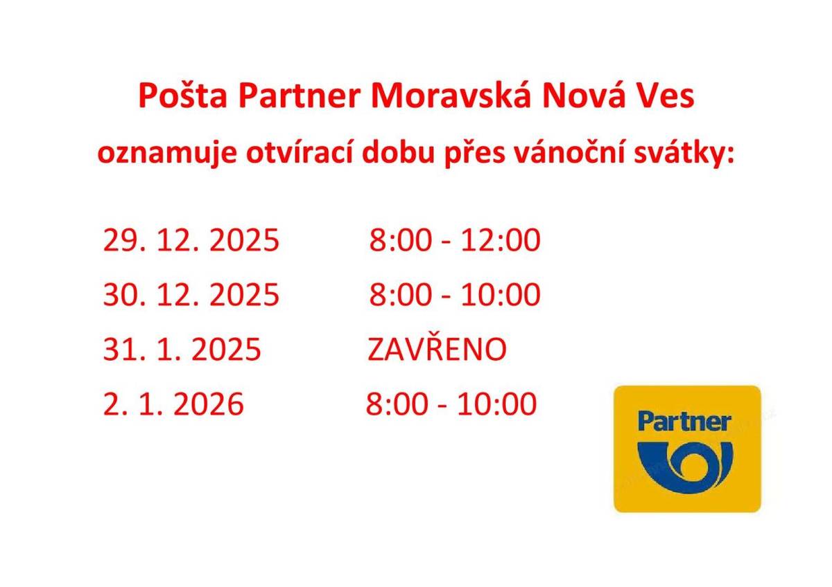 Provozní doba Pošty Partner přes vánoční svátky