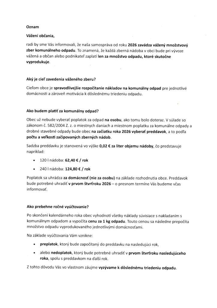 Oznam / Tájékoztató