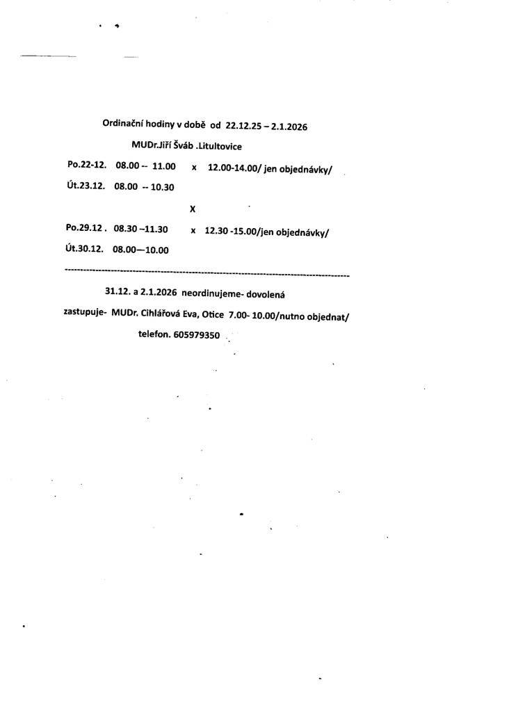 Ordinační hodiny MUDr. Jiřího Švába od 22.12.2025 do 2.1.2026