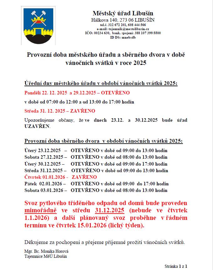Městský úřad a sběrný dvůr oznamují změny v provozní době během vánočních svátků 2025.