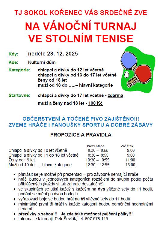 VÁNOČNÍ TURNAJ VE STOLNÍM TENISE