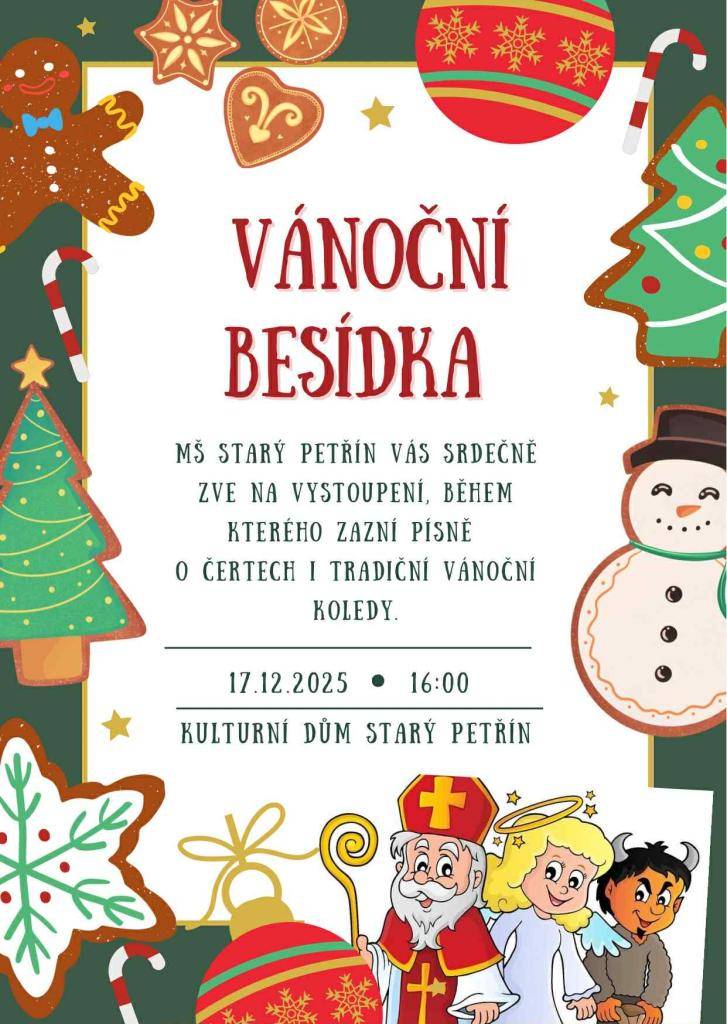 Ve středu 17.12.2025 se koná od 16:00 v místím KD Vánoční besídka mateřské školy. Jsou zváni všichni občané naší obce.