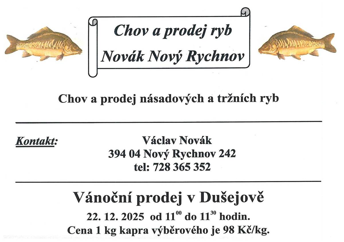 Václav Novák bude prodávat v pondělí 22.12.2025 od 11:00 do 11:30 hod na parkovišti před OÚ kapry. Cena 1 kg kapra výběrového je 98,- Kč.