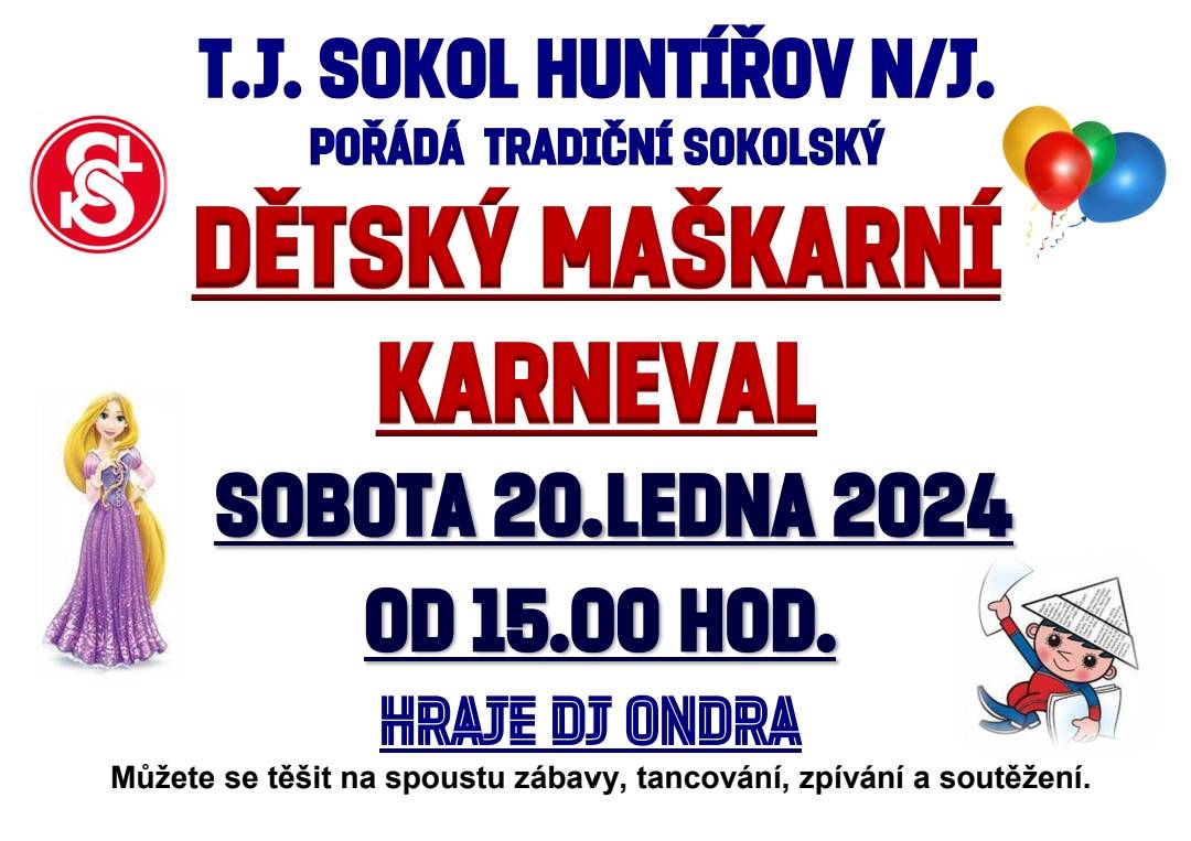 Pozvánka na ,, Dětský  karneval 20.1.2024  a Šibřinky  27.1.2024 ˇ" Sokol Huntířov n.J.