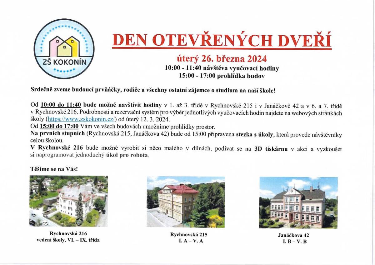POZVÁNKA NA DEN OTEVŘENÝCH DVEŘÍ  - ZŠ KOKONÍN