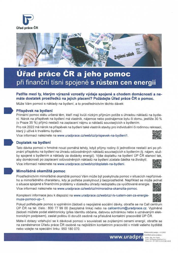 Pomoc ÚP při finanční tísni spojené s růstem cen energií