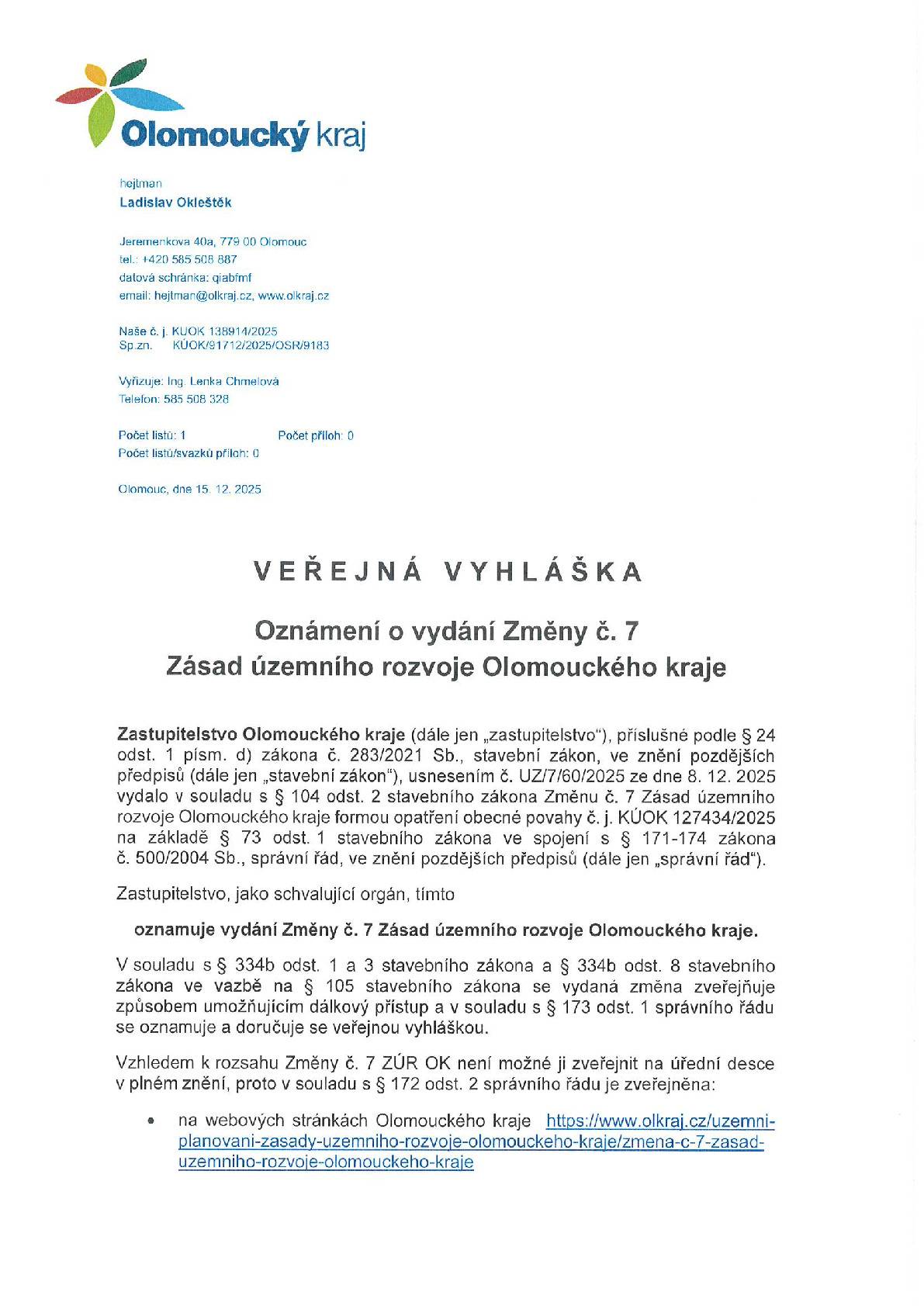 VV - oznámení o vydání Změny č.7 Zásad územního rozvoje Ol. kraje