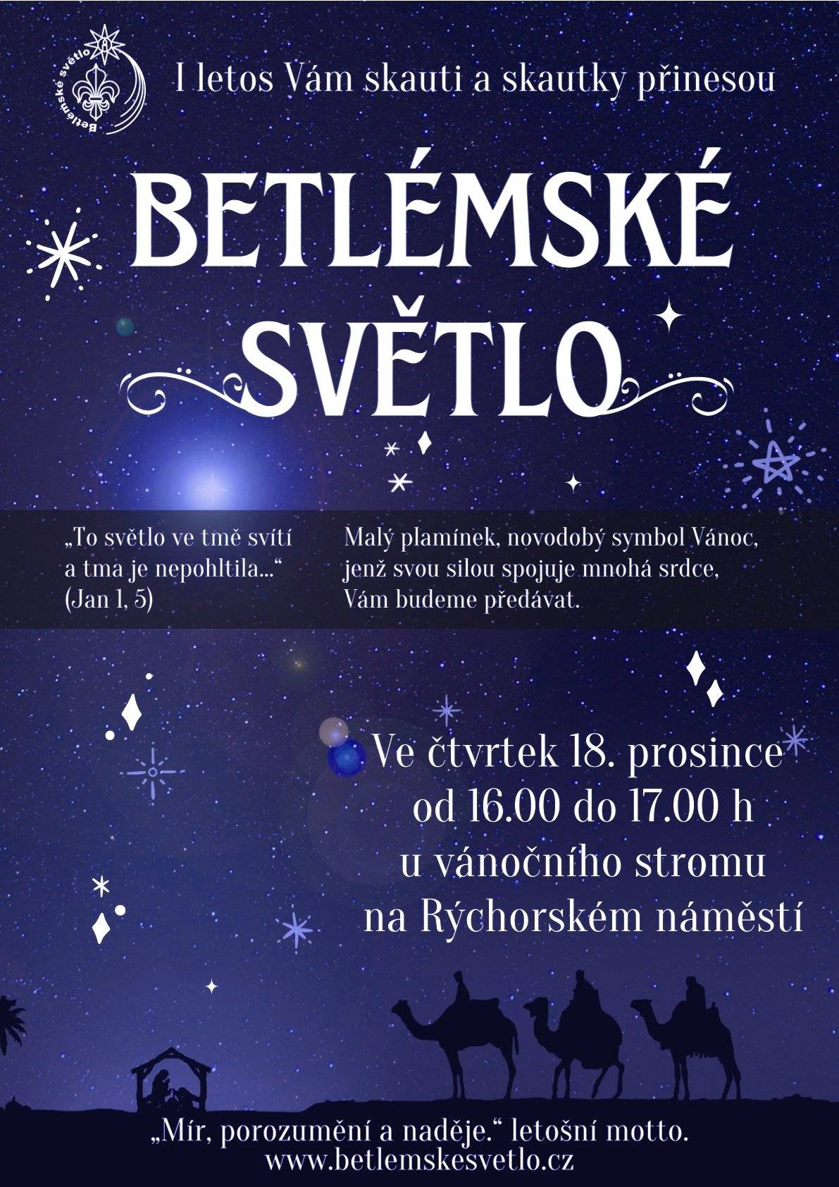 Přijďte ve čtvrtek 18. prosince od 16 do 17 h zažehnout betlémské světlo k vánočnímu stromu na žacléřském náměstí. Betlémské světlo pravidelně každý rok putuje z Betléma do různých koutů světa, k nám do Žacléře jej již po několik let dováží trutnovští skauti.