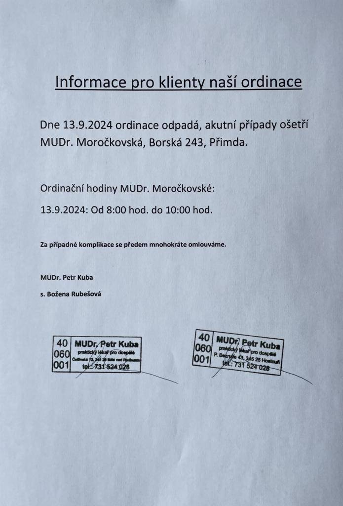 Dne 13.9. 2024 ordinace odpadá.